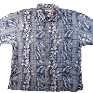Tommy Bahama Pineapple Petal Blue and white silk White Hawaiian Shirt